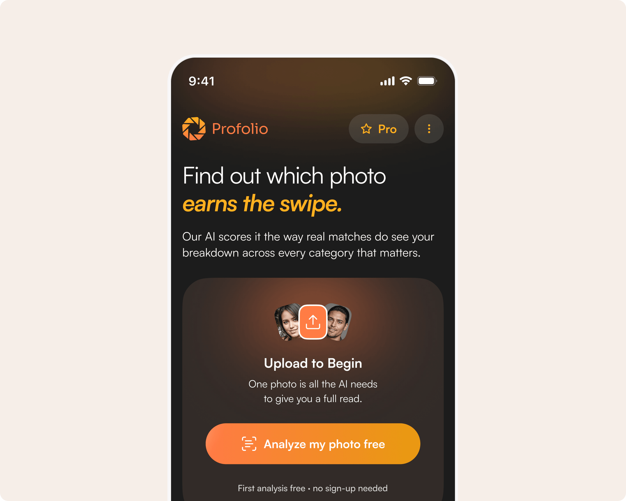 Profolio home screen inviting the user to upload a photo for a free first analysis
