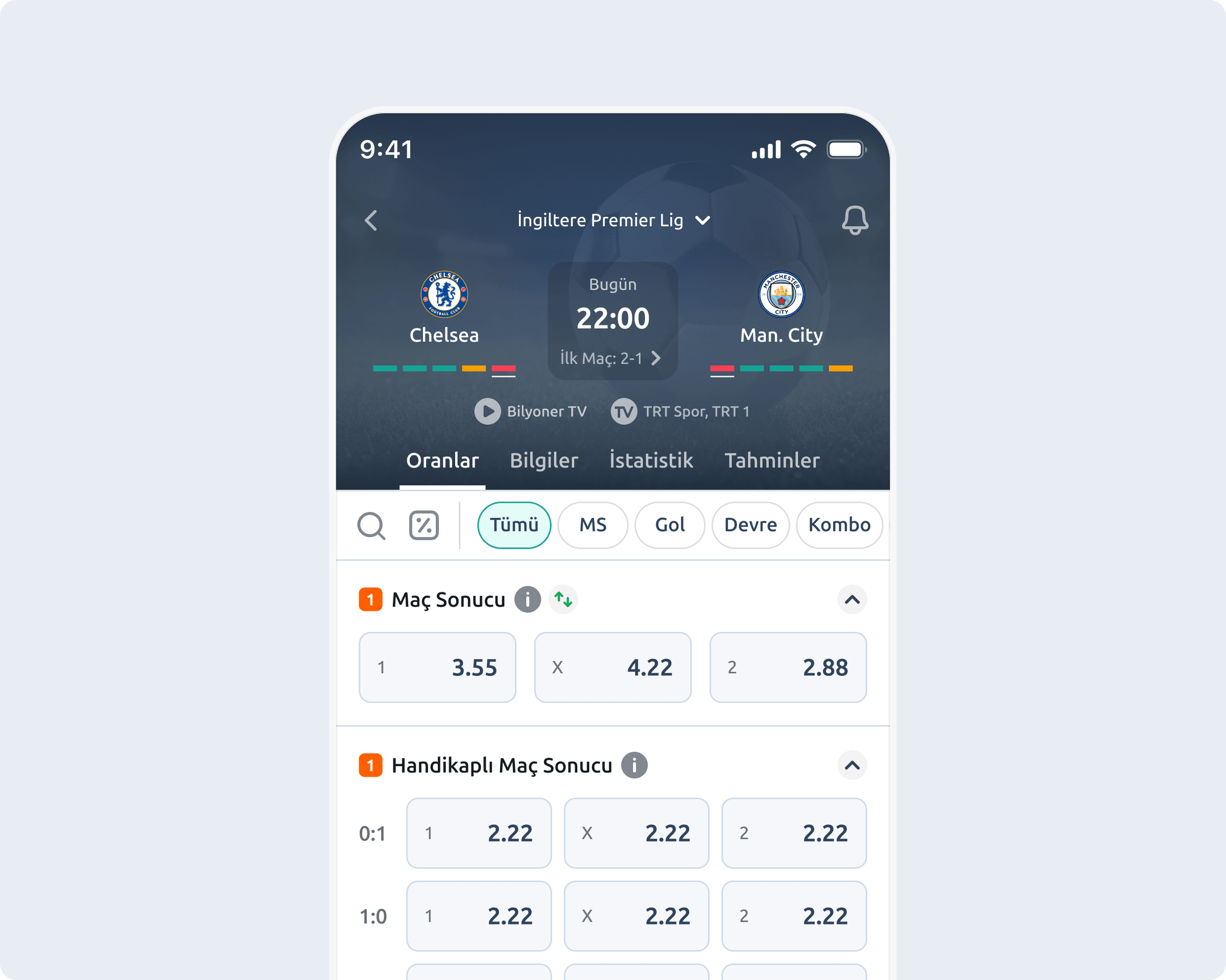 Bilyoner match card for Chelsea vs Manchester City with odds for match result and handicap markets