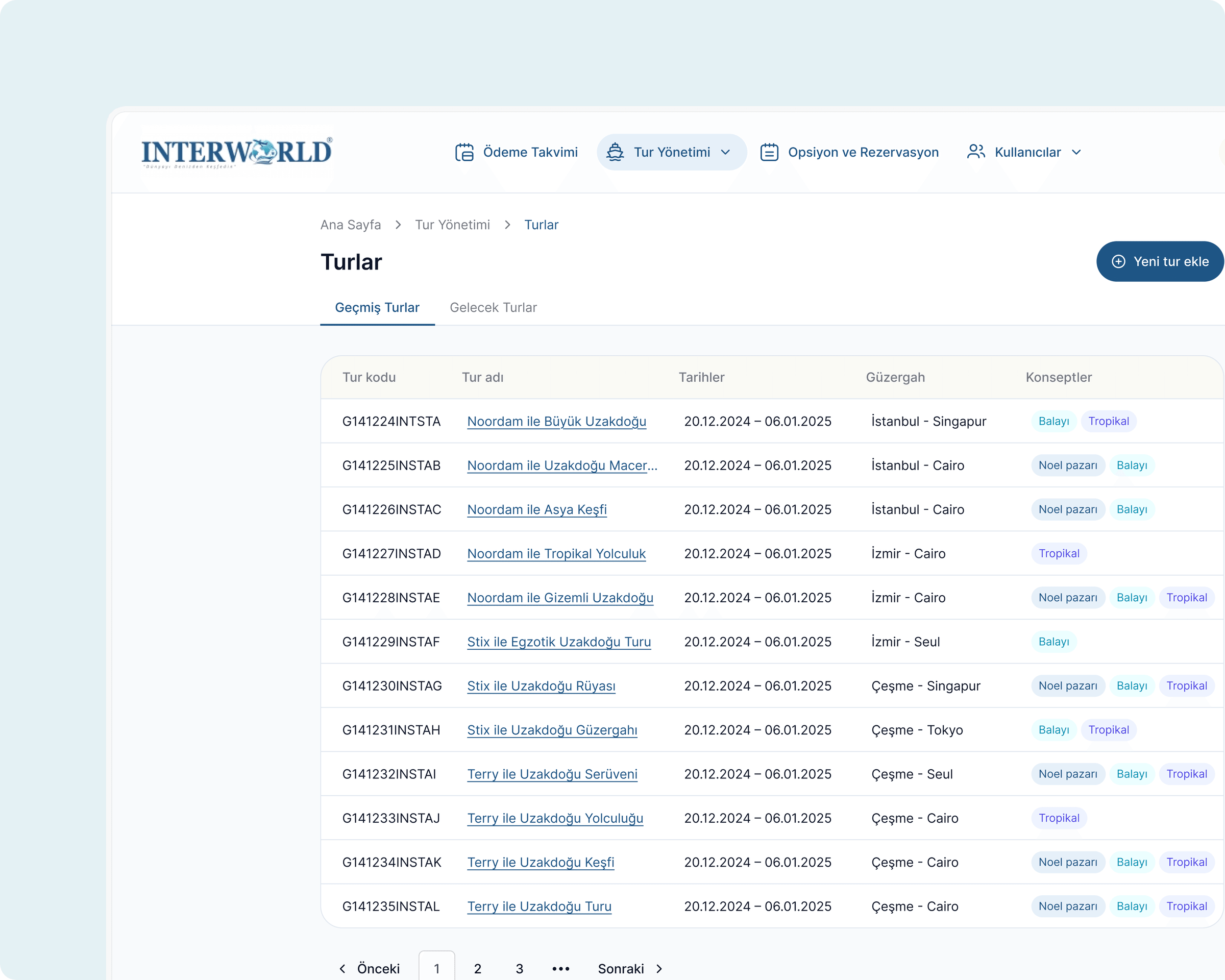 Interworld back office tour list with tour codes, dates, routes and concept tags