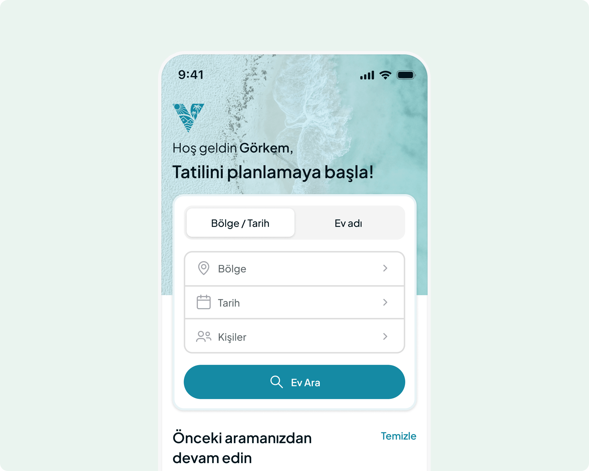 Villa Sepeti home screen with the search card for region, dates and guests