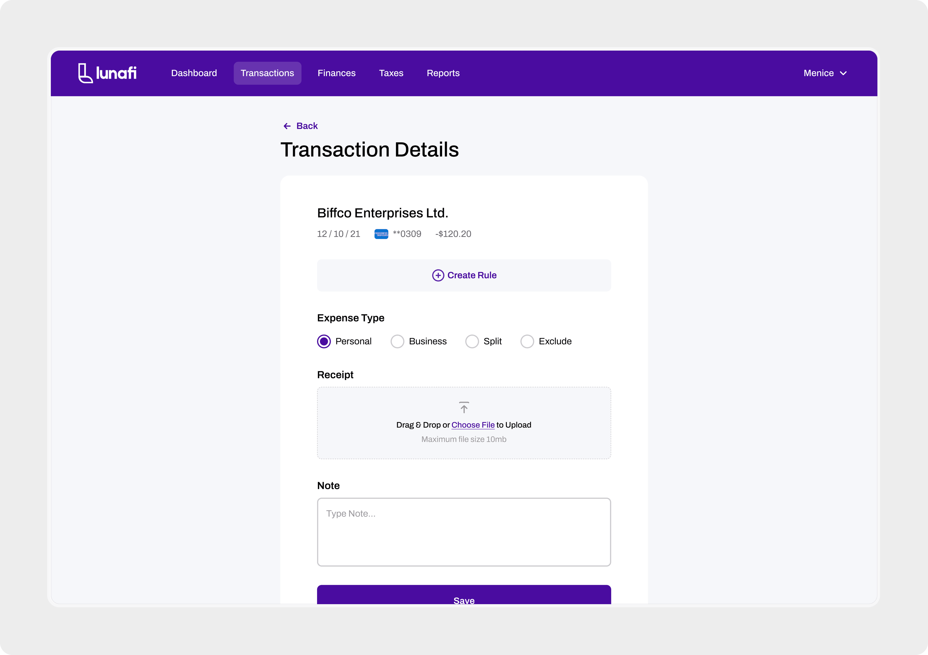 Lunafi transaction details with expense type, receipt upload, note and a create rule action