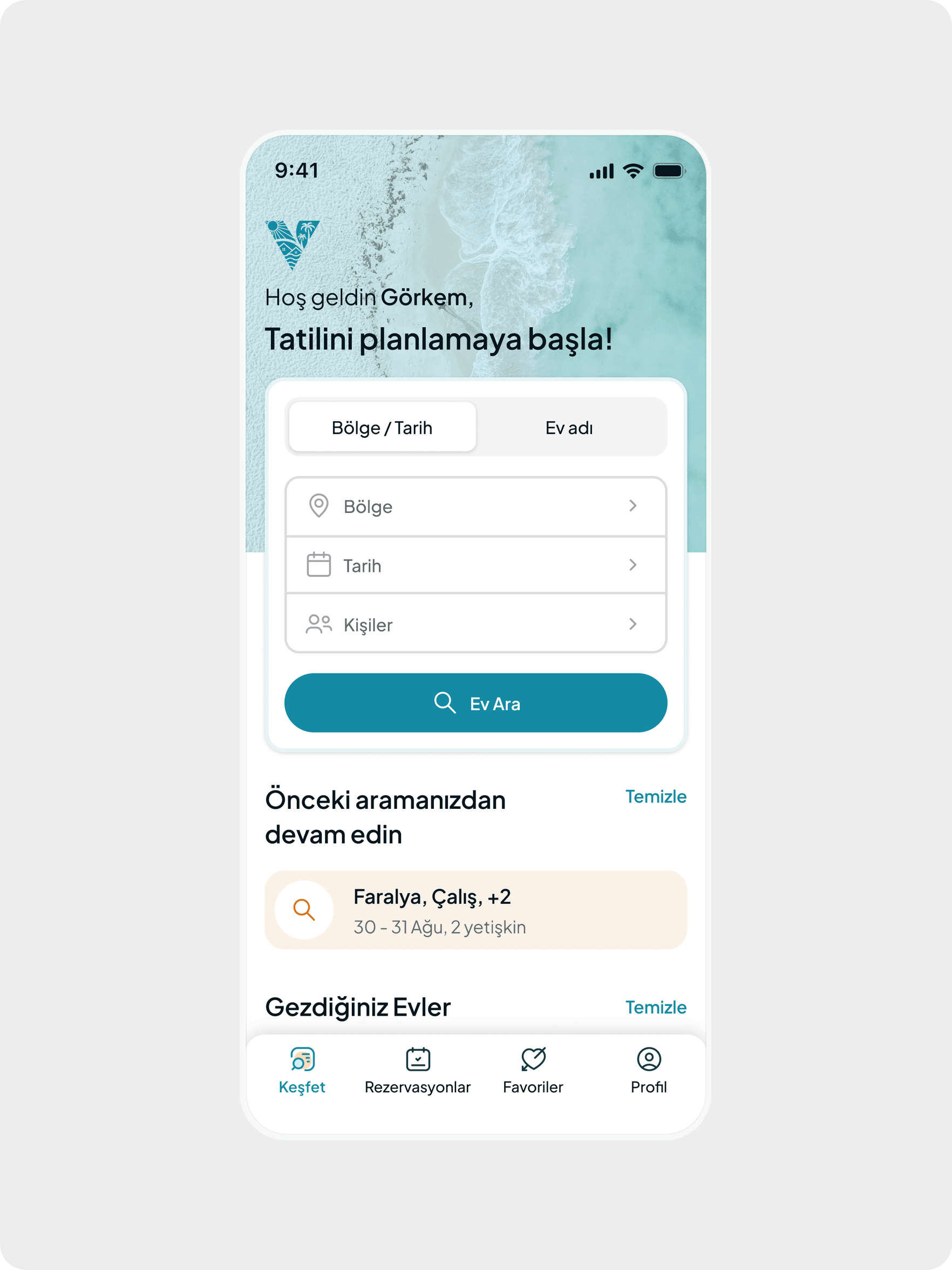Villa Sepeti home screen with the search card and recent searches