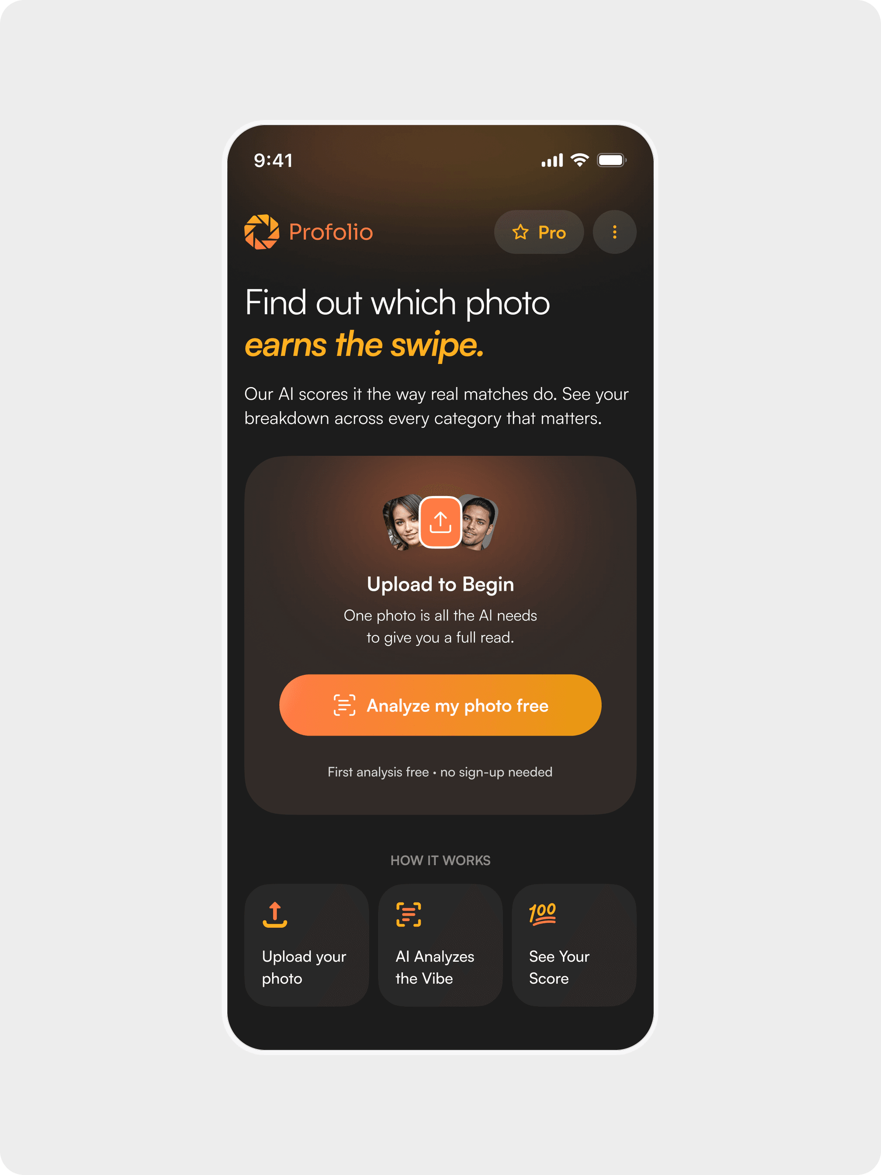Profolio home screen with the upload card and how it works