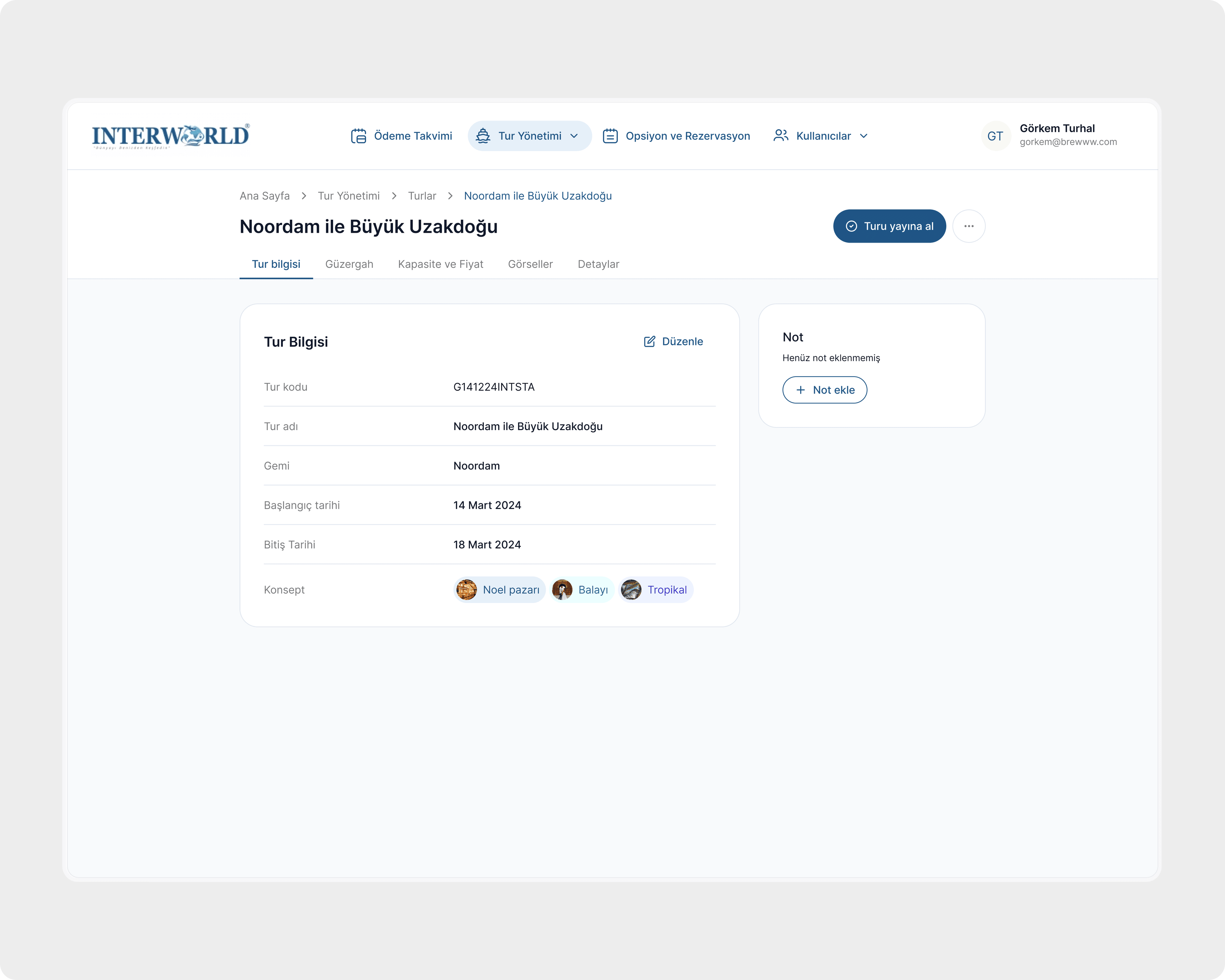 New tour in draft with tour info, ship, dates and concepts, a notes card and a publish button