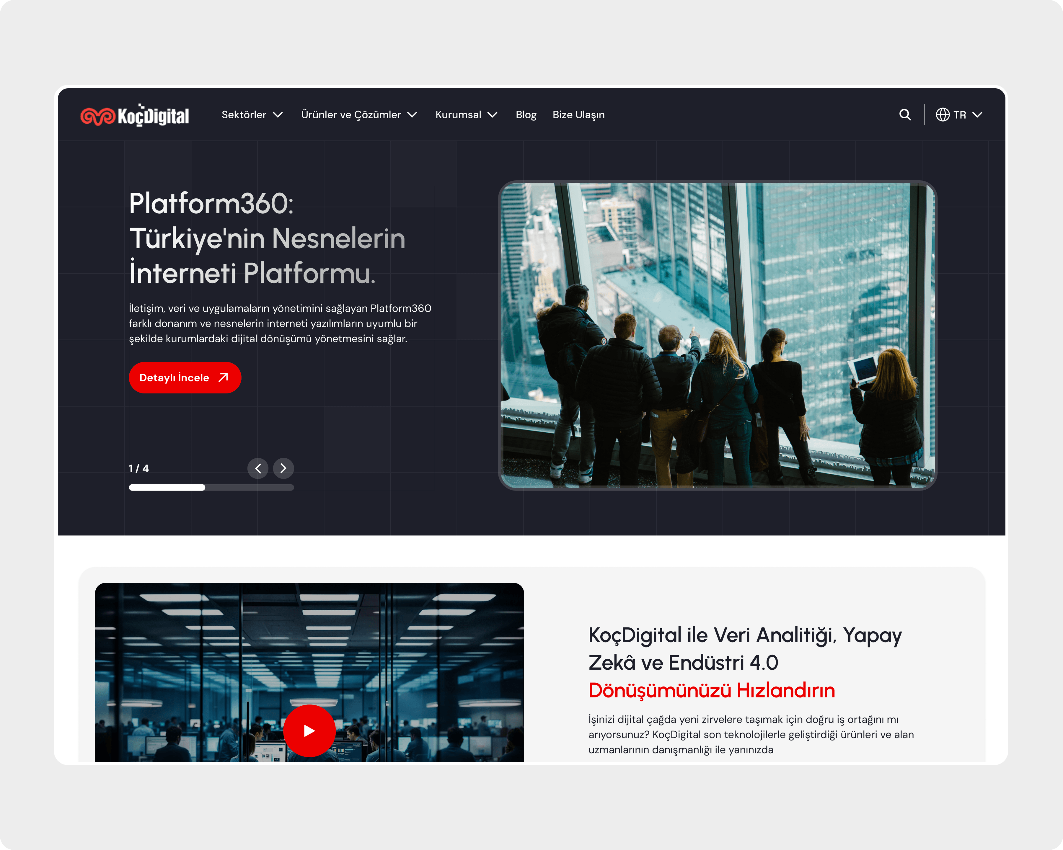 KoçDigital website home with the Platform360 hero slider and the data analytics, AI and Industry 4.0 section below