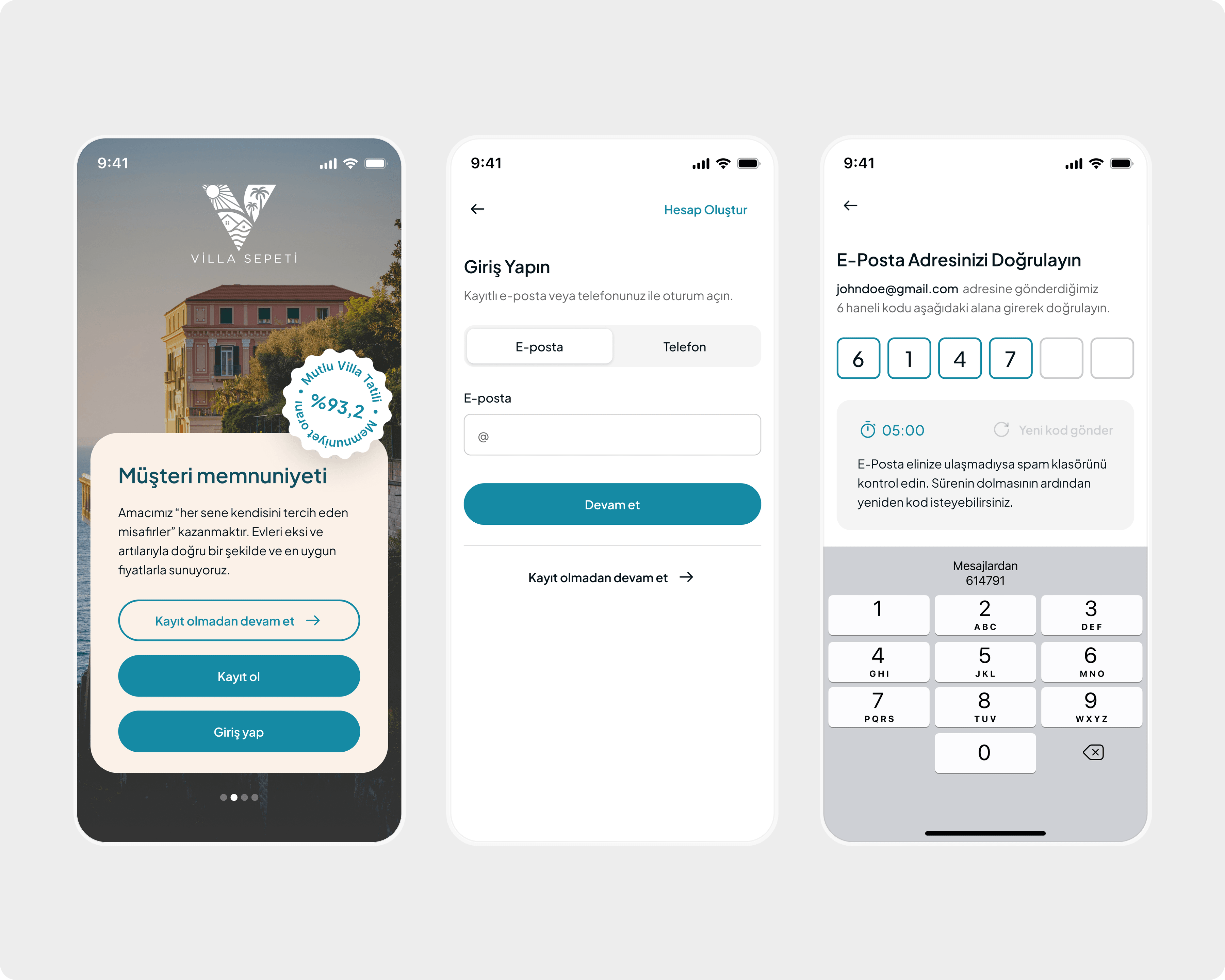 Onboarding, sign-in and email verification screens