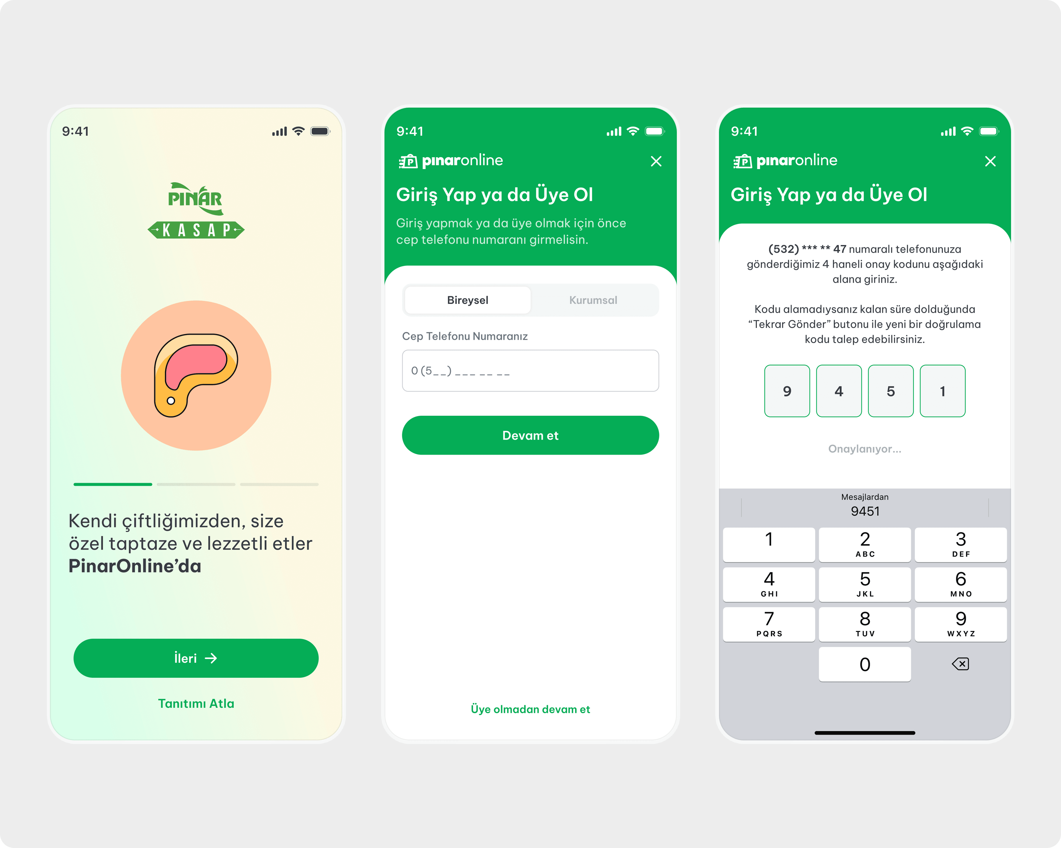 Onboarding, phone number sign-in and SMS code verification screens
