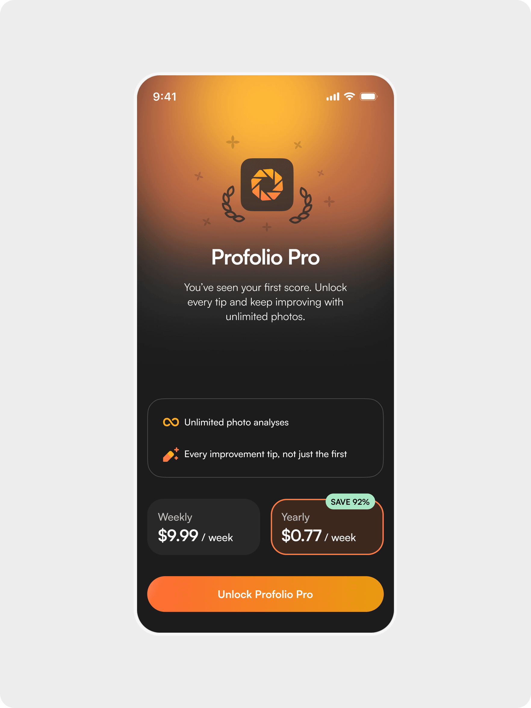 Profolio Pro paywall with weekly and yearly plans