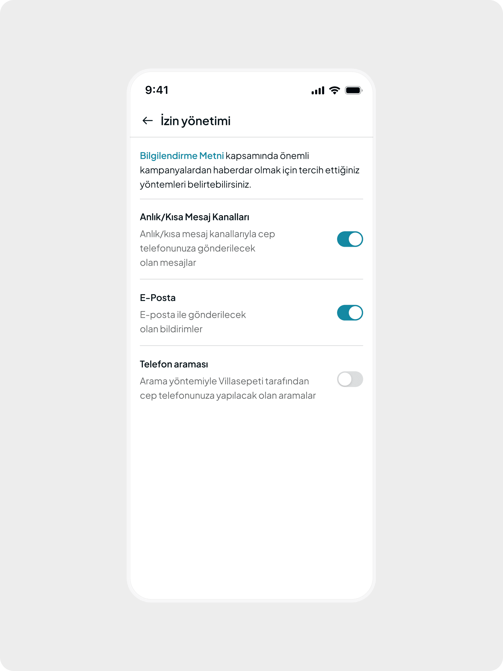 Notification permission management screen
