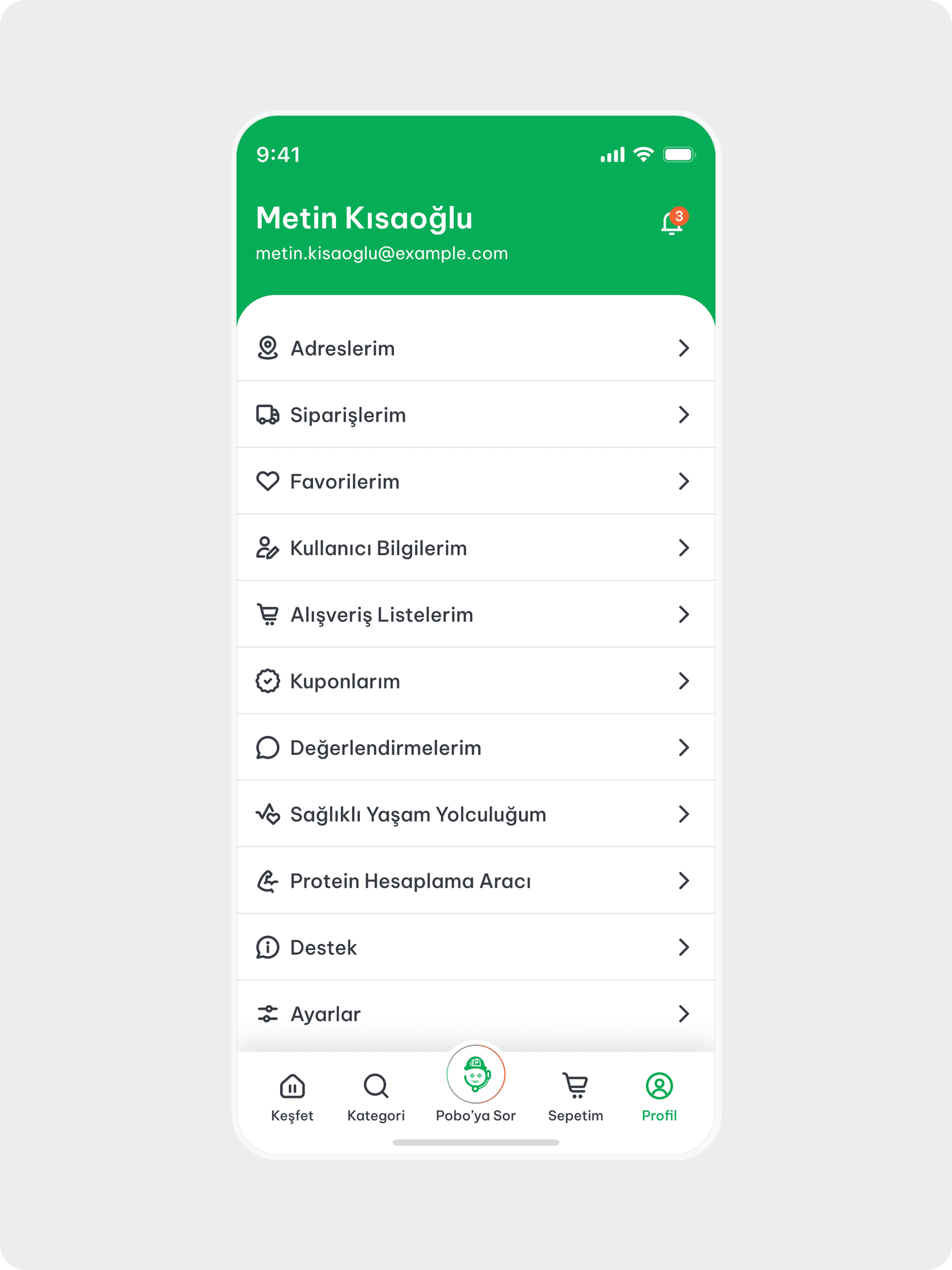 Profile hub with addresses, orders, favorites, shopping lists, coupons and health tools