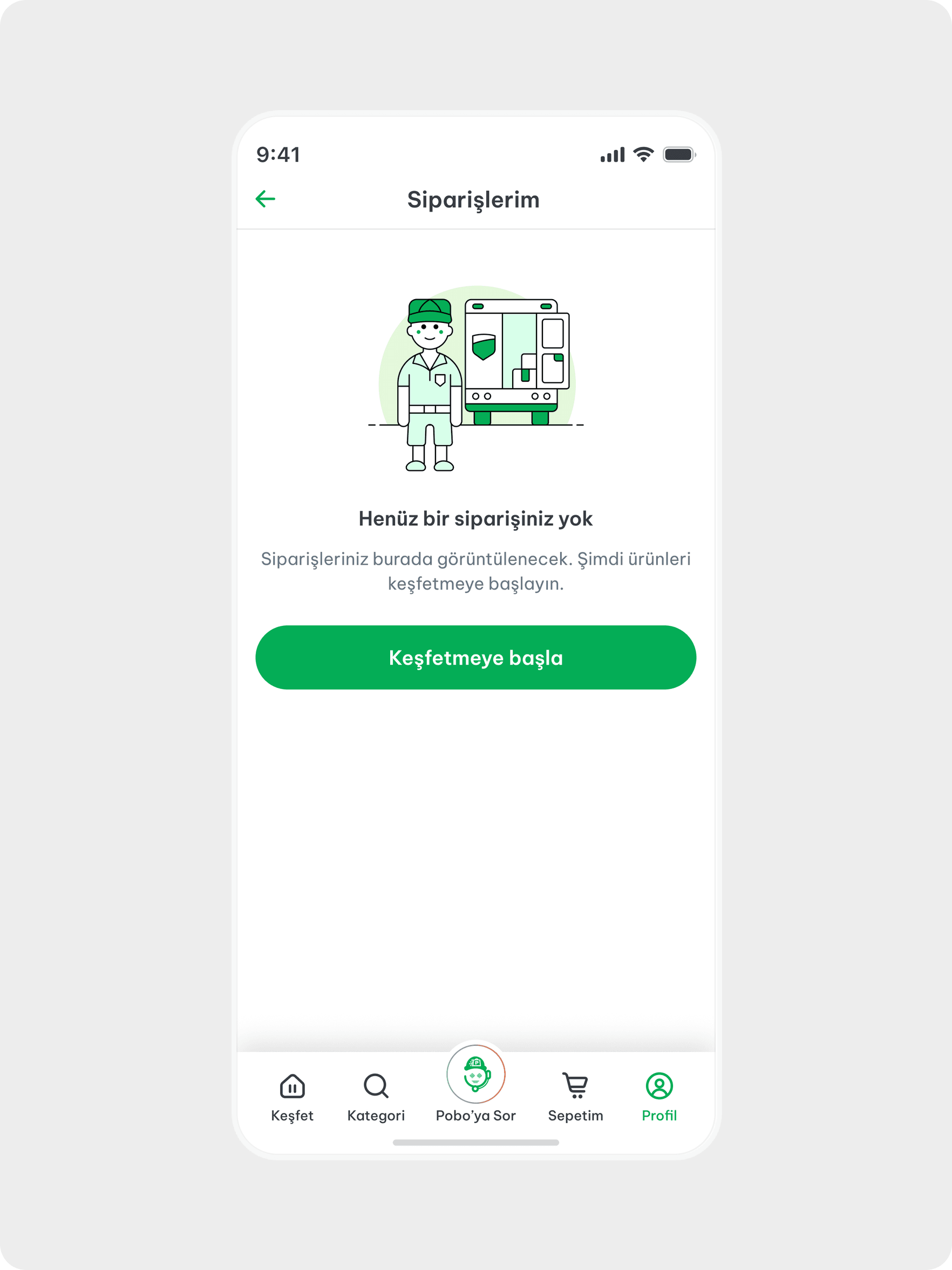 Orders screen empty state with an illustration and a button to start shopping