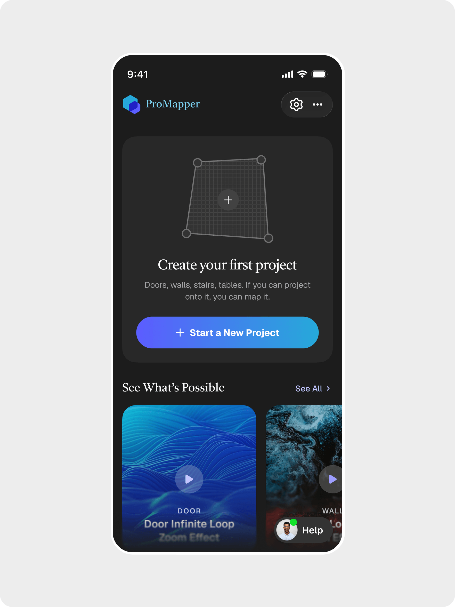 ProMapper home: empty state for creating the first projection project and example effects
