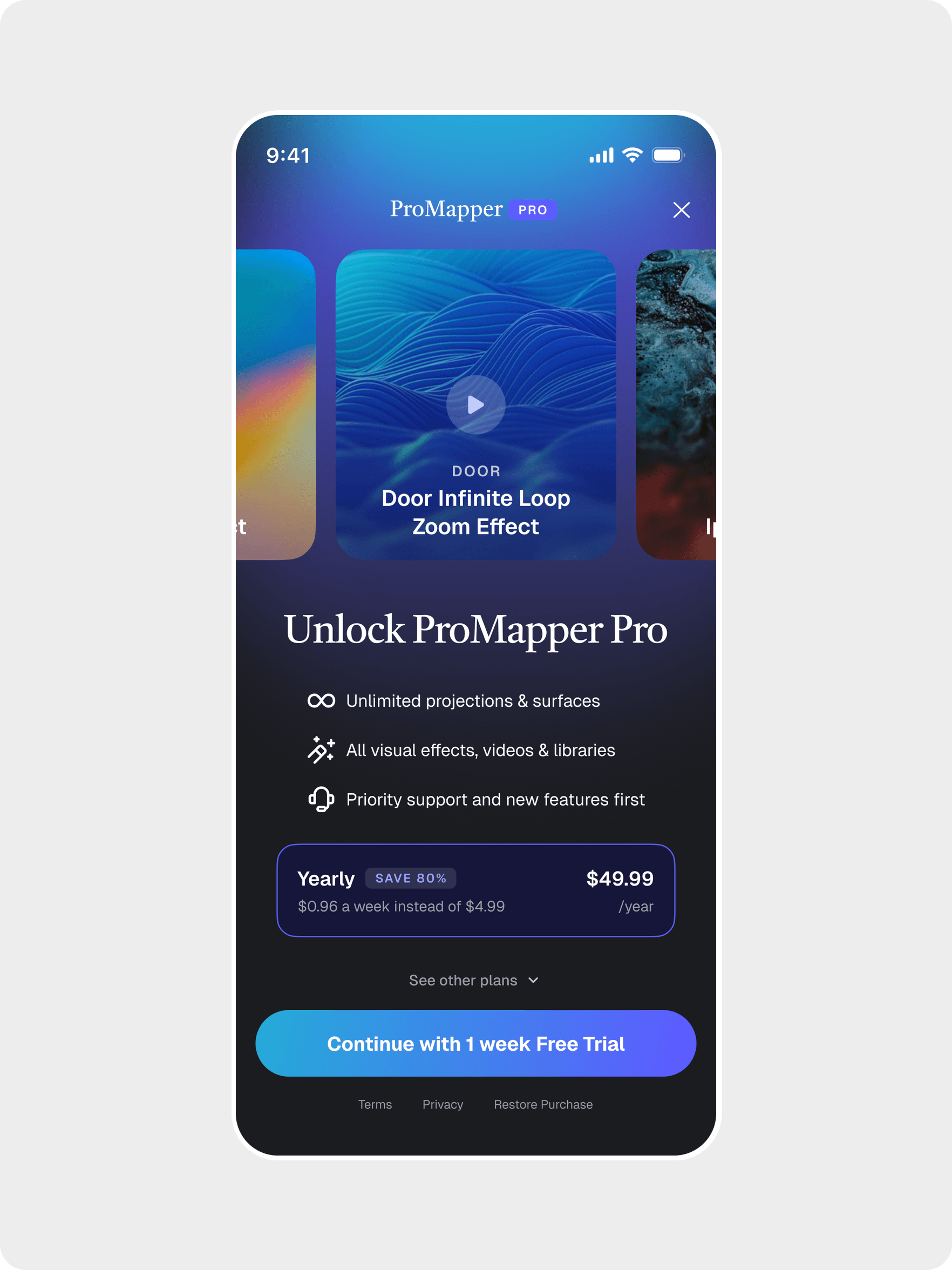 ProMapper paywall: effect previews, three Pro benefits and the yearly plan with a one-week free trial