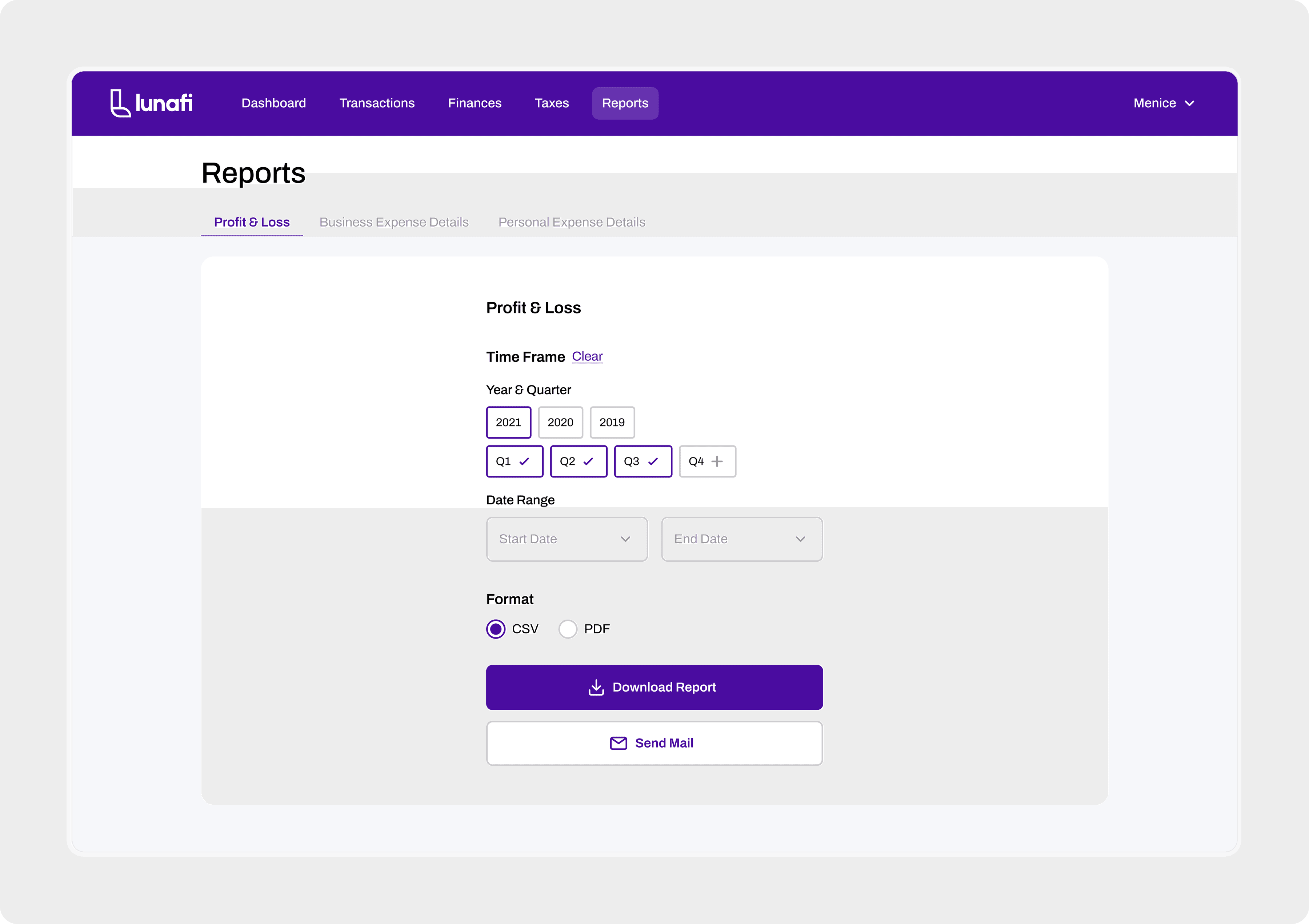 Lunafi profit and loss report builder with time frame, date range and format options