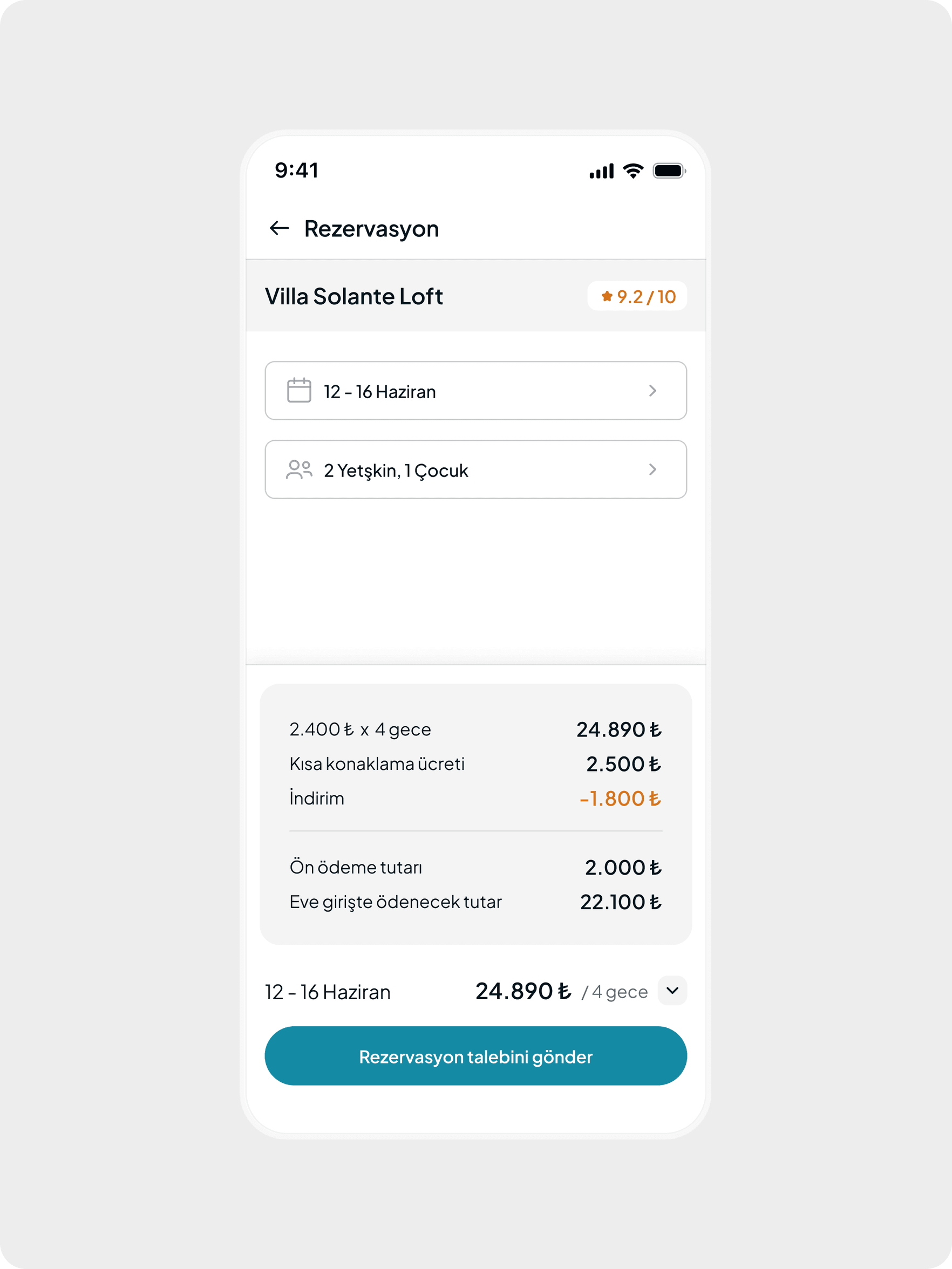 Reservation request with dates, guests and price breakdown