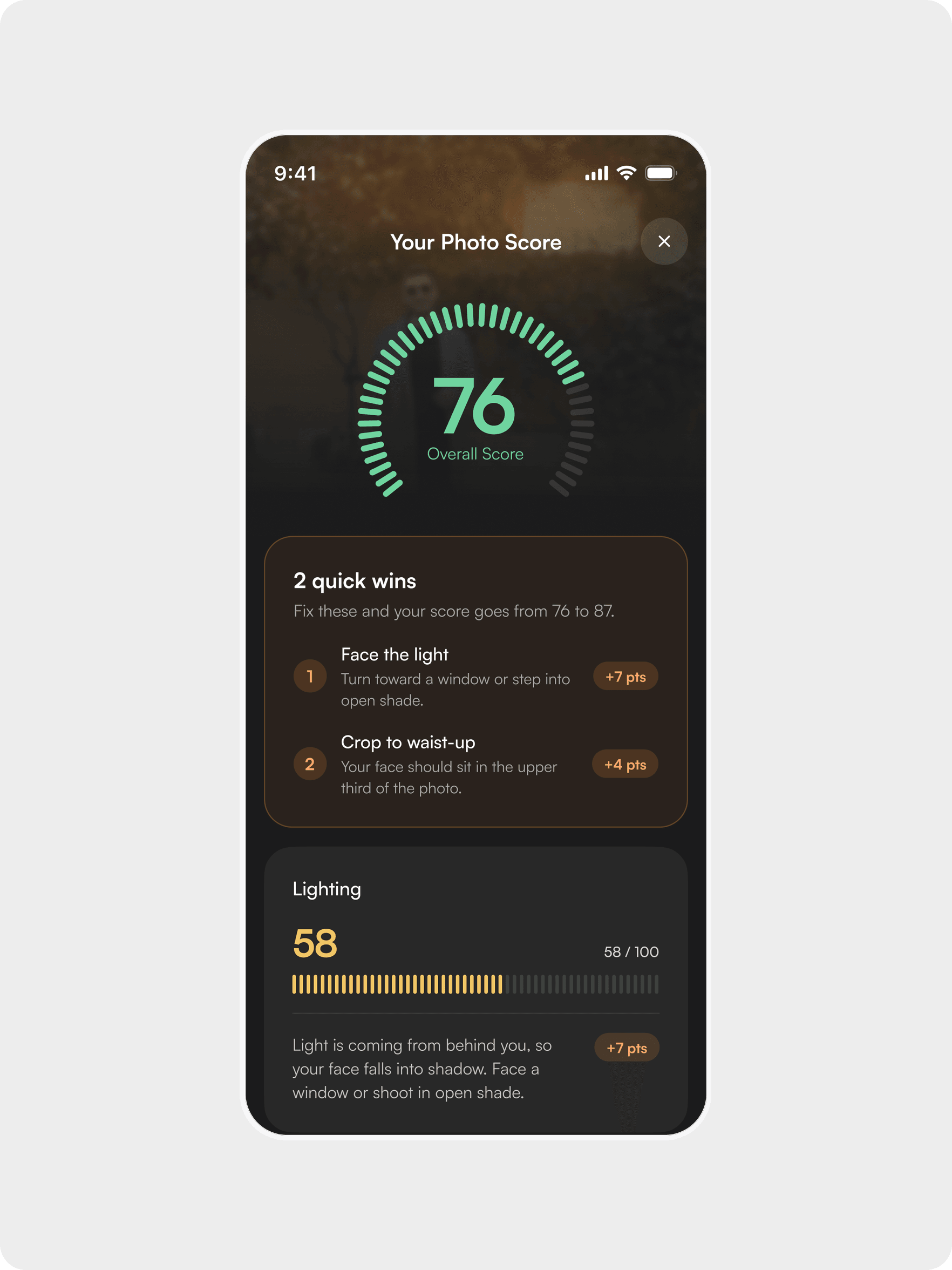 Results screen with an overall score of 76 and two quick wins