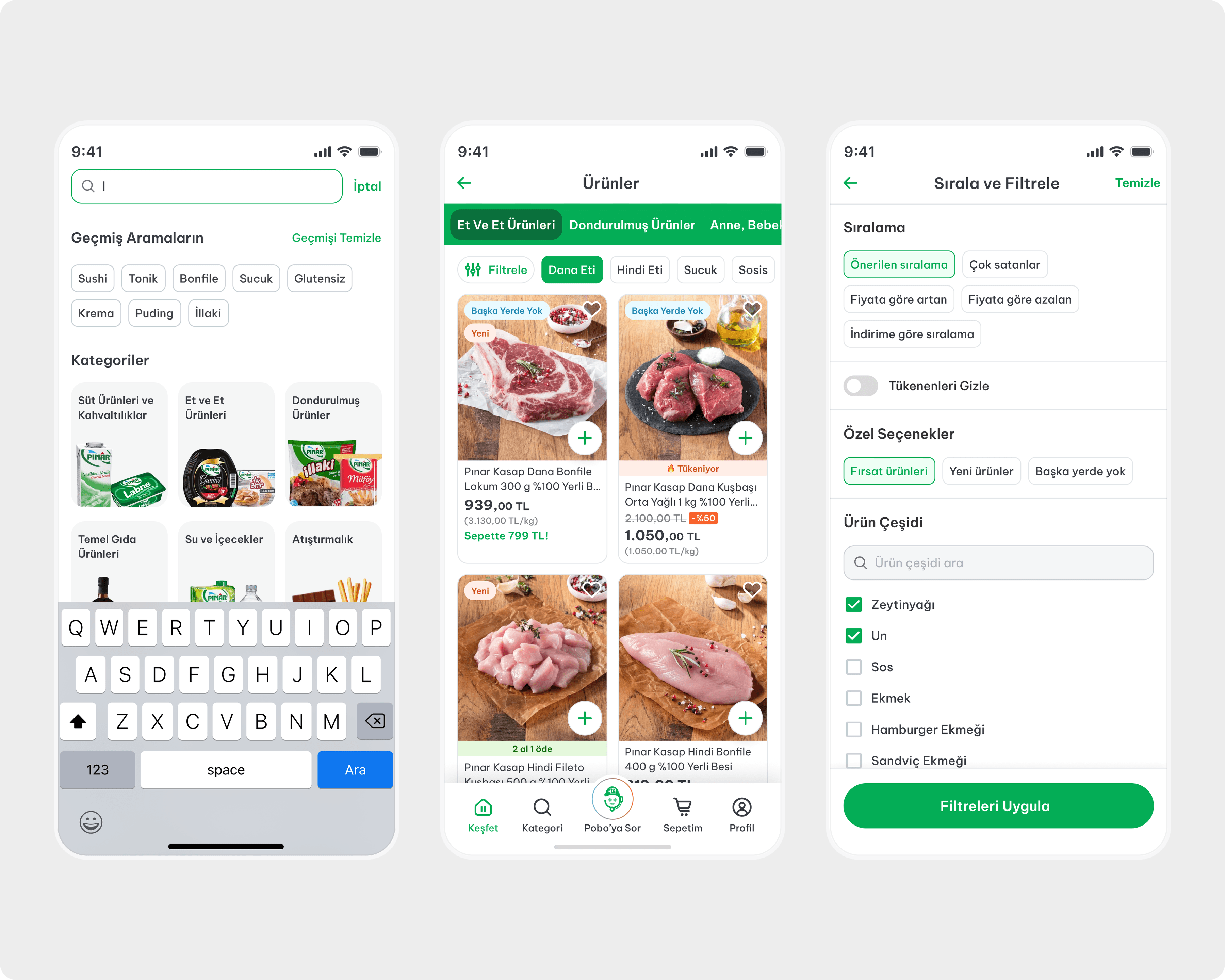 Search with recent searches and categories, product listing with campaign badges, and sort and filter screen