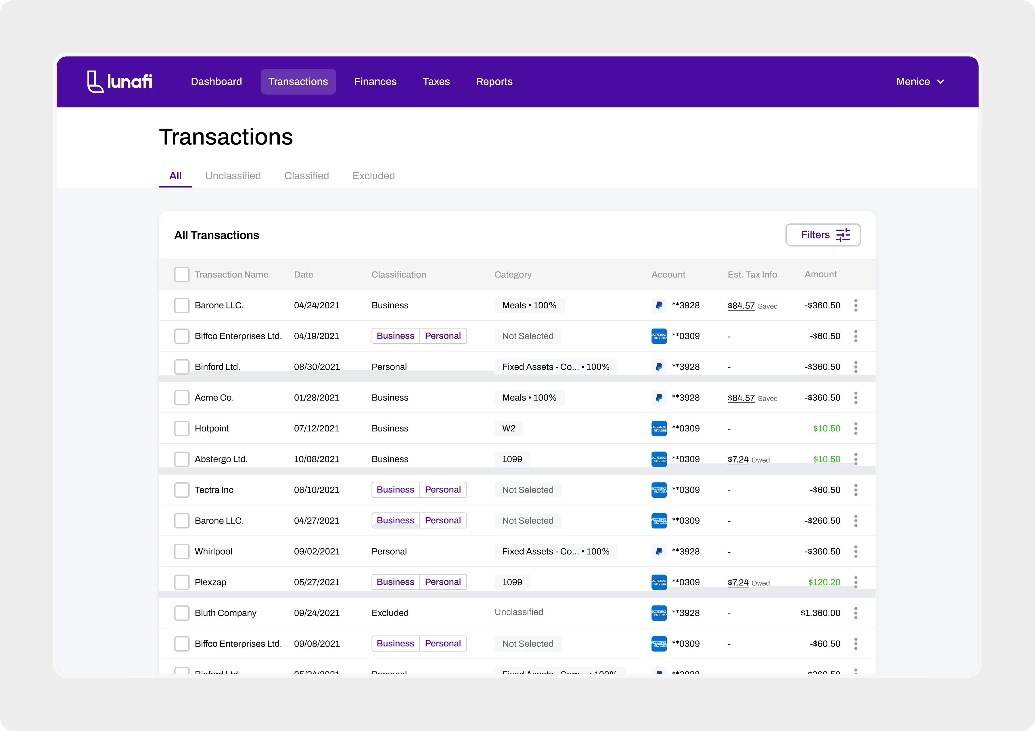 Lunafi transactions table with classification, category, account and estimated tax columns